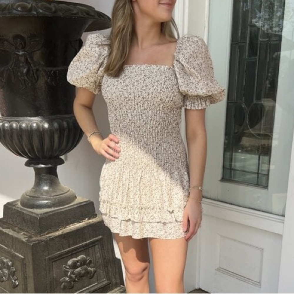 THE FEMM Cleo brown floral puff sleeve smocked mini dress NWT